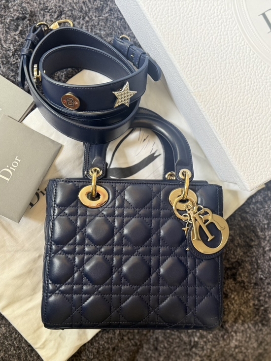 Dior Handbags - Dior Navy Lambskin Mini Lady Bag with Gold Hardware